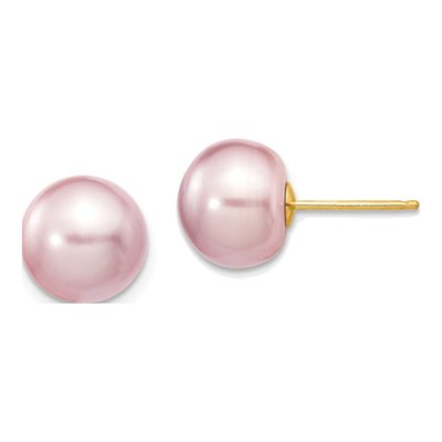 14K Yellow Gold Purple Freshwater Cultured Pearl Button Stud Earrings