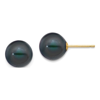 14K Yellow Gold Round Black Freshwater Cultured Pearl Stud Earrings