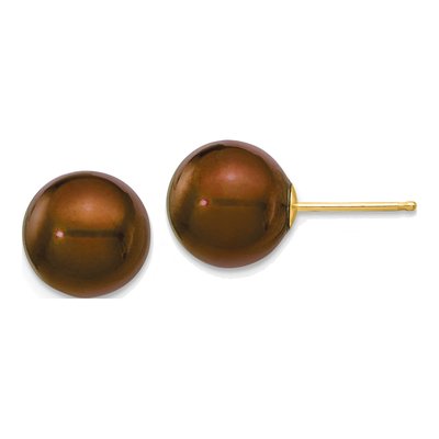 14K Yellow Gold Round Brown Freshwater Cultured Pearl Stud Earrings