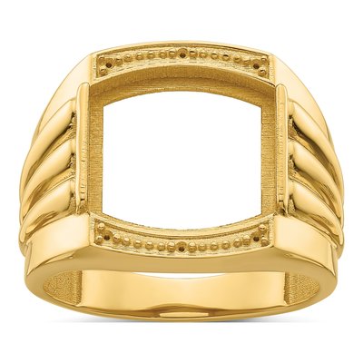 Men's 14K Yellow Gold Holds Barrel Onyx Diamonds Ridged-Sides Ring Mounting