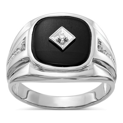Men's 14K White Gold Onyx & Diamond Cushion Ring