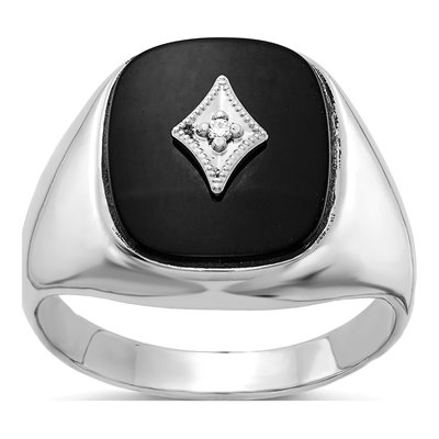 Men's 14K White Gold Onyx & Diamond Cushion Ring