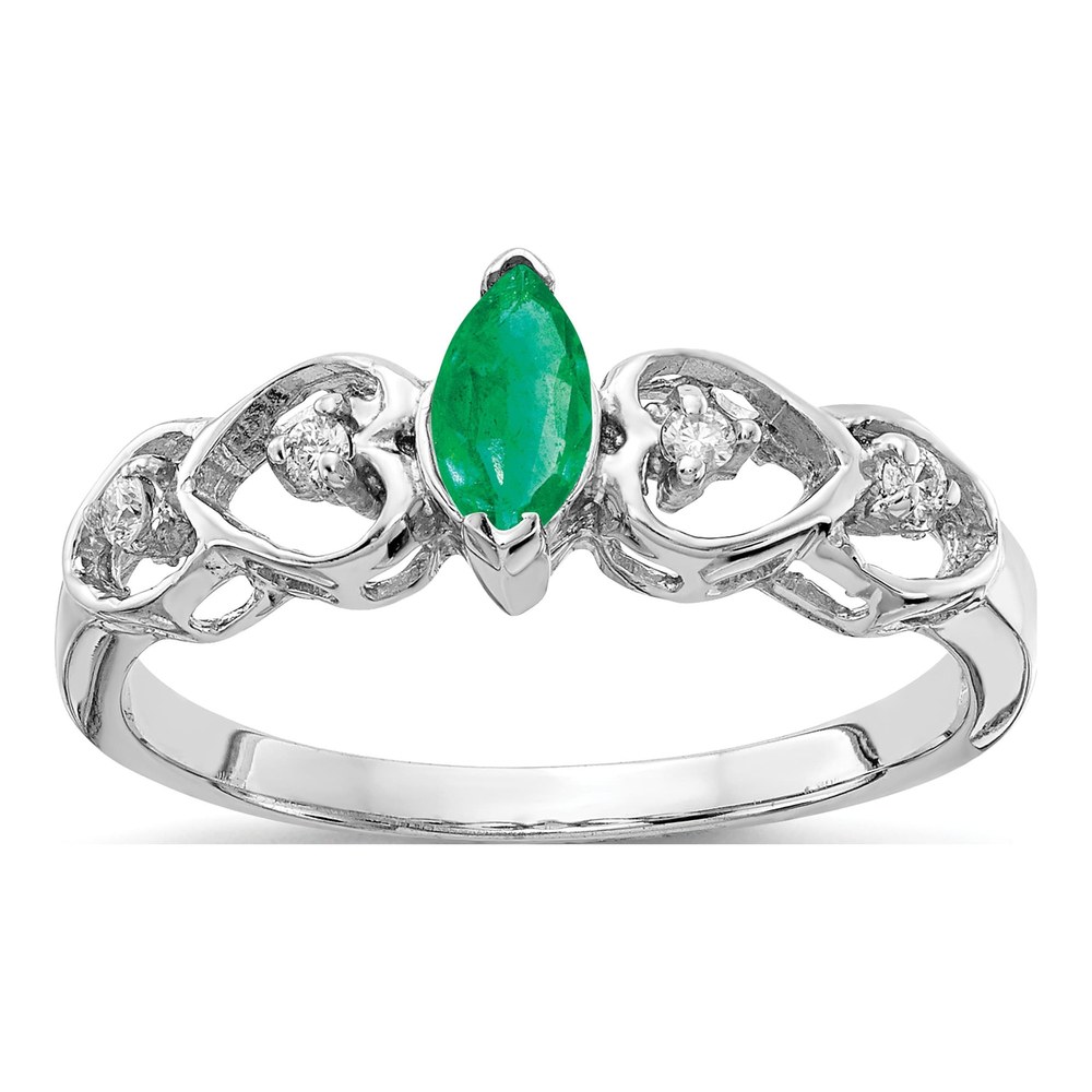 14K White Gold Rhodium-Plated 6x3mm Marquise Emerald And 1/20 Carat Aaa Diamond Heart Ring