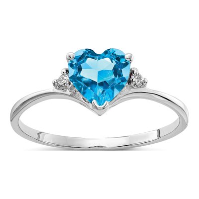 14K White Gold Swiss Blue Topaz & Diamond Heart Ring