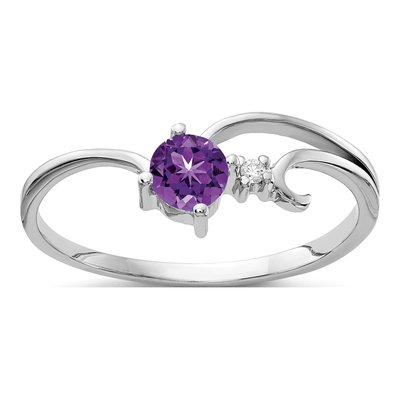 14K White Gold Amethyst & Diamond Round Ring