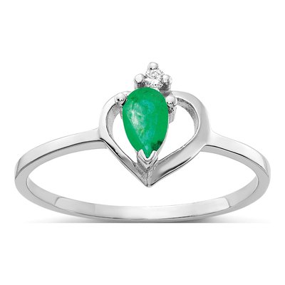 14K White Gold Emerald & Diamond Pear Heart Ring