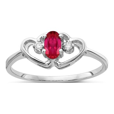 14K White Gold Ruby & Diamond Oval Two Hearts Ring