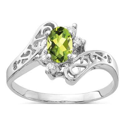 14K White Gold 1/20 ct tw Peridot & Diamond Oval Ring