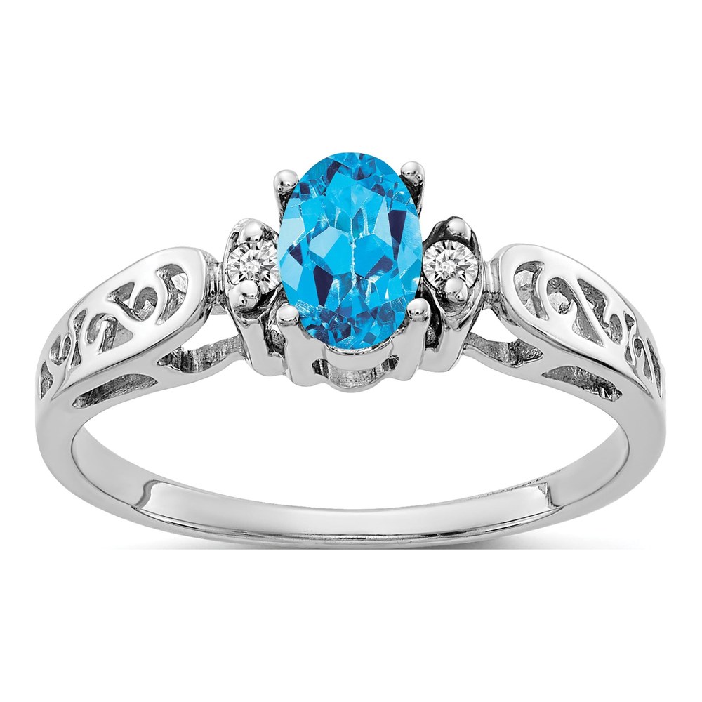 14K White Gold Swiss Blue Topaz & Diamond Oval Filigree Ring