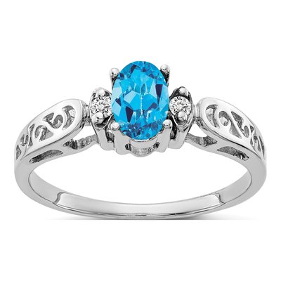 14K White Gold Swiss Blue Topaz & Diamond Oval Filigree Ring