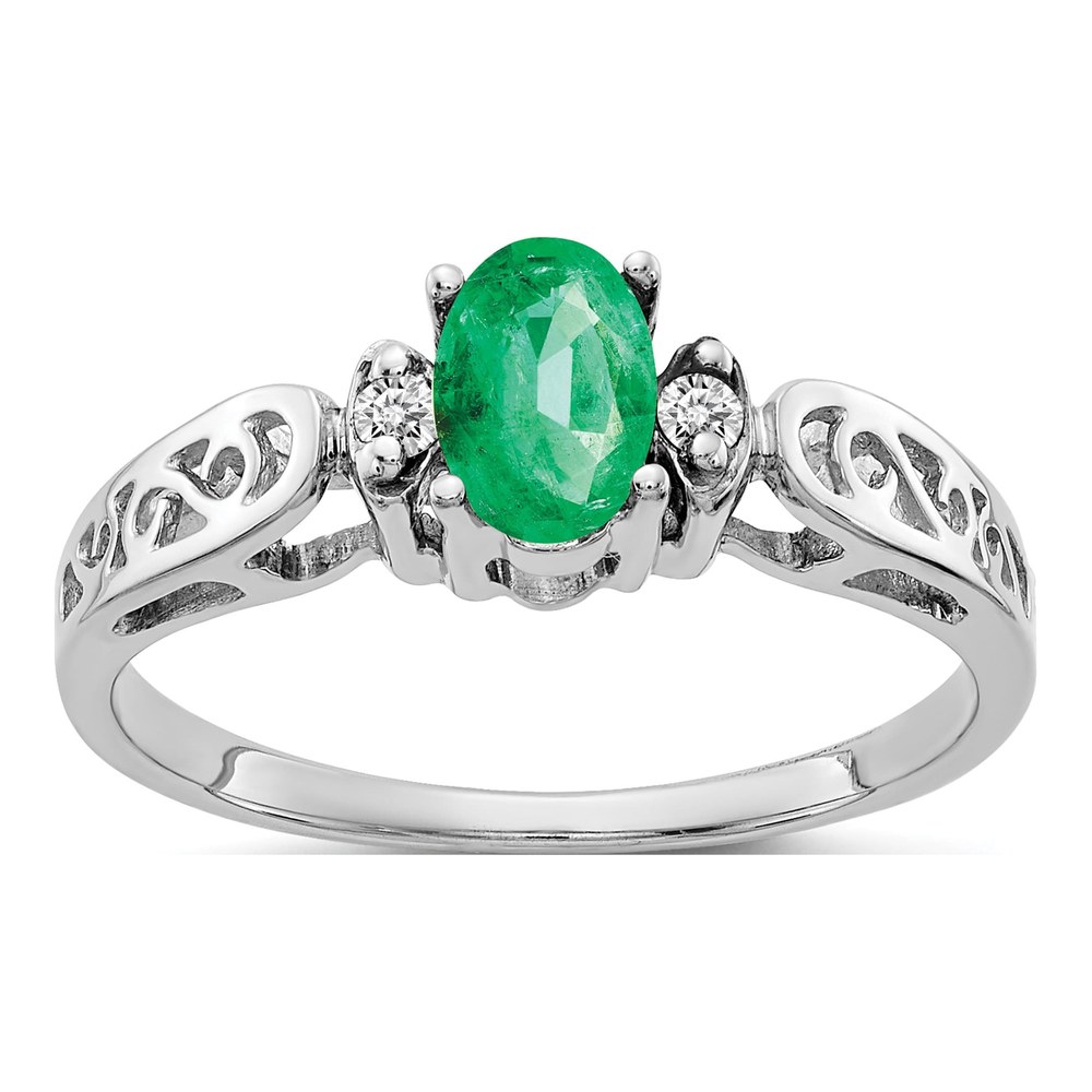 14K White Gold Oval Emerald & Diamond Ring