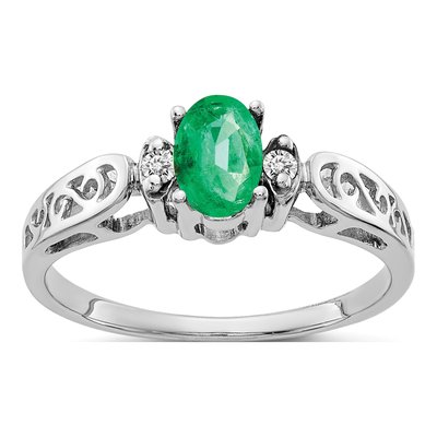 14K White Gold Emerald & Diamond Oval Ring