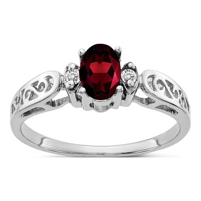 14K White Gold Garnet & Diamond Oval Filigree Ring
