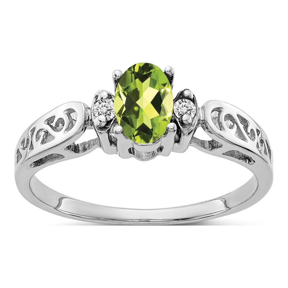 14K White Gold Peridot & Diamond Oval Filigree Ring