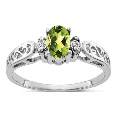 14K White Gold Peridot & Diamond Oval Filigree Ring
