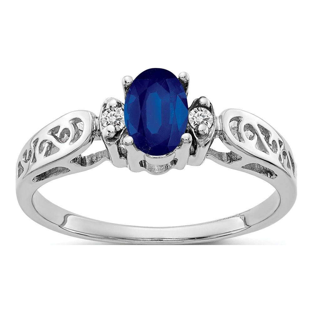 14K White Gold Rhodium-Plated 6x4mm Oval Blue 0.65ct Sapphire And Aaa Diamond Ring