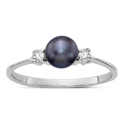 14K White Gold 1/15 ct tw Black Freshwater Cultured Pearl & Diamond Ring