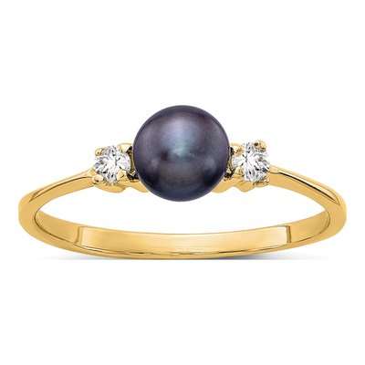 14K Yellow Gold 1/15 ct tw Black Freshwater Cultured Pearl & Diamond Ring