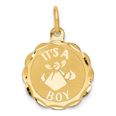 14K Yellow Gold It's BOY Scalloped Disc Charm