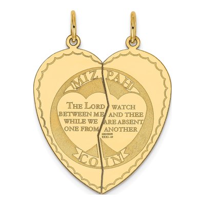 14K Yellow Gold Mizpah Coin Heart Charm
