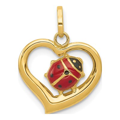 14K Yellow Gold Red Black Enamel Ladybug Heart Charm