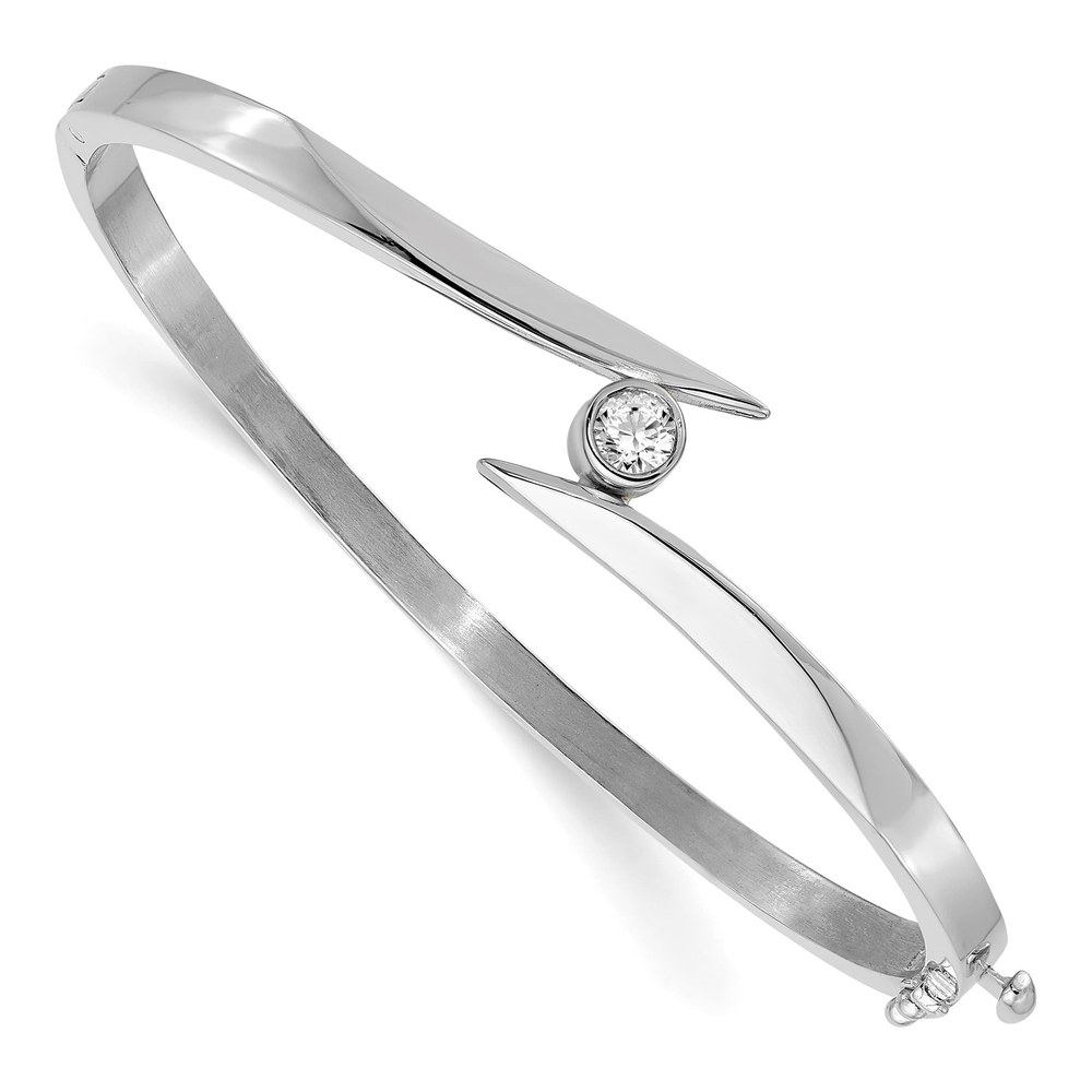 14K White Gold Rhodium-Plated 7 Inch Complete 1/4 Carat Aa Diamond Hinged Oval Bangle Bracelet with Hinged Clasp