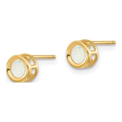14K Yellow Gold 4mm Round Opal October Bezel Stud Earrings – view 2