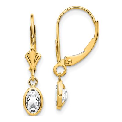 14K Yellow Gold White Topaz Oval Leverback Earrings