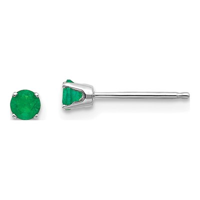 14K White Gold 3mm Round Emerald May Birthstone Stud Earrings