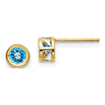 14K Yellow Gold 4mm Round Swiss Blue Topaz Stud Earrings