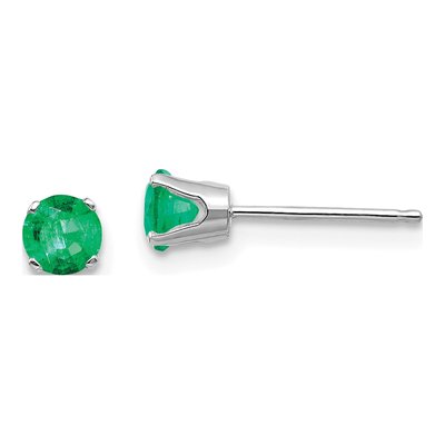 14K White Gold 4mm Round Emerald May Stud Earrings