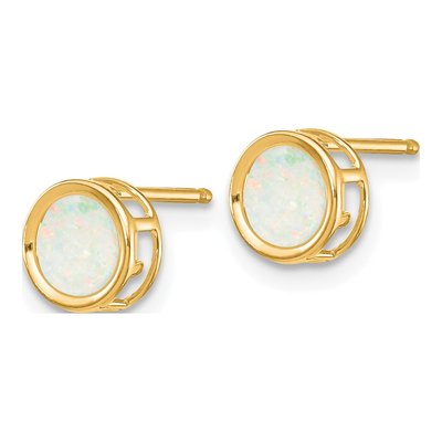 14K Yellow Gold 5mm Round Opal October Bezel Stud Earrings – view 3