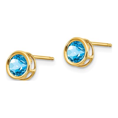 14K Yellow Gold 5mm Round Swiss Blue Topaz Bezel Stud Earrings – view 3