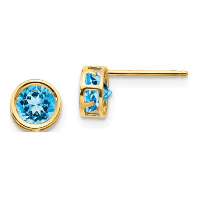 14K Yellow Gold 5mm Round Swiss Blue Topaz Bezel Stud Earrings