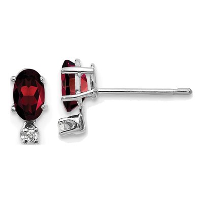 14K White Gold Oval Garnet & Diamond Stud Earrings