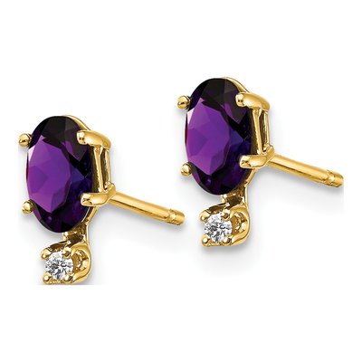 14K Yellow Gold Oval Amethyst & Diamond Birthstone Stud Earrings – view 2