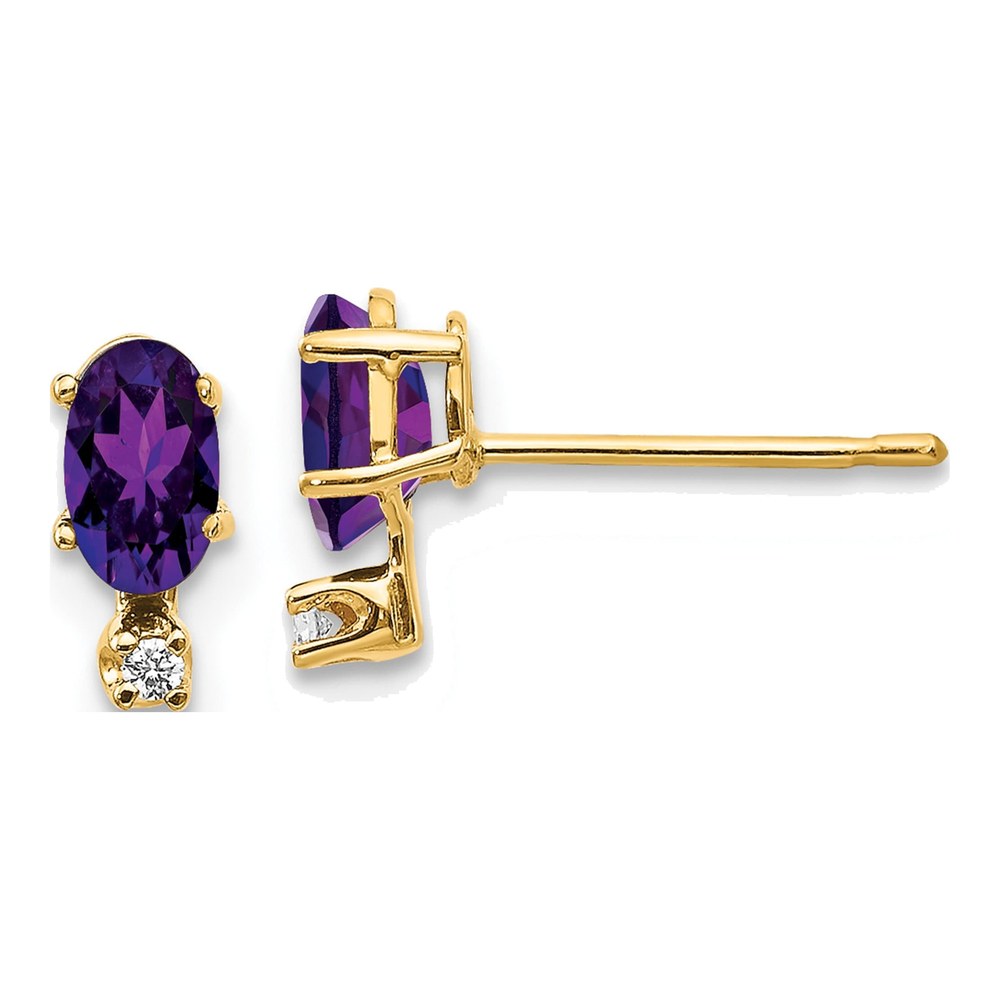 14K Yellow Gold Oval Amethyst & Diamond Birthstone Stud Earrings