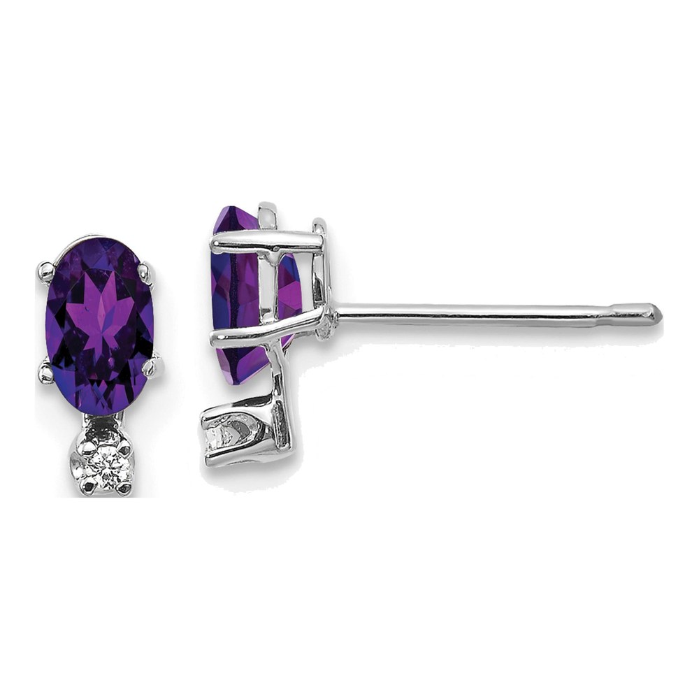 14K White Gold Oval Amethyst & Diamond Birthstone Stud Earrings