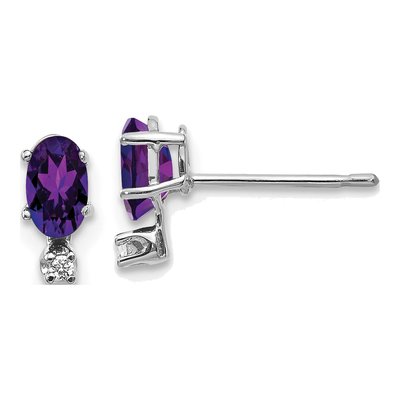 14K White Gold Oval Amethyst & Diamond Birthstone Stud Earrings