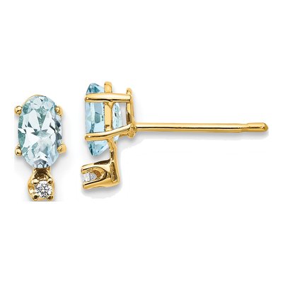 14K Yellow Gold Oval Aquamarine & Diamond March Birthstone Stud Earrings