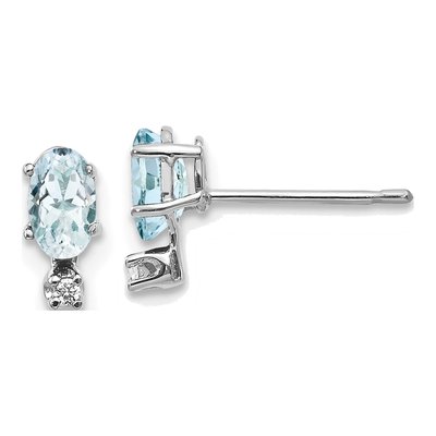 14K White Gold Oval Aquamarine & Diamond Stud Earrings