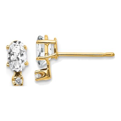 14K Yellow Gold Oval White Topaz & Diamond Birthstone Stud Earrings