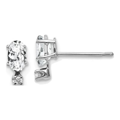 14K White Gold Oval White Topaz & Diamond Stud Earrings
