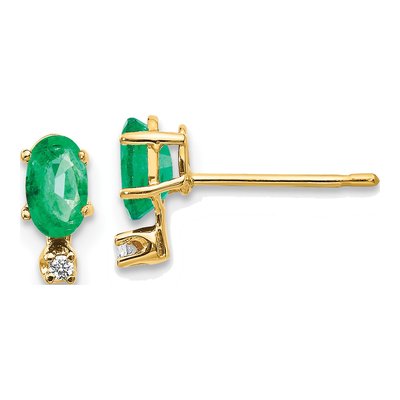 14K Yellow Gold Oval Emerald & Diamond Stud Earrings