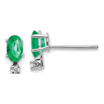 14K White Gold Oval Emerald & Diamond May Birthstone Stud Earrings