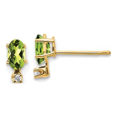 14K Yellow Gold Oval Peridot & Diamond Stud Earrings