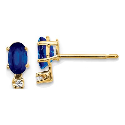 14K Yellow Gold Oval Sapphire & Diamond Birthstone Stud Earrings
