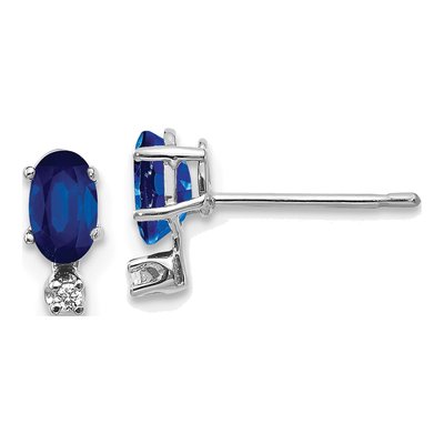 14K White Gold Oval Sapphire & Diamond Birthstone Stud Earrings