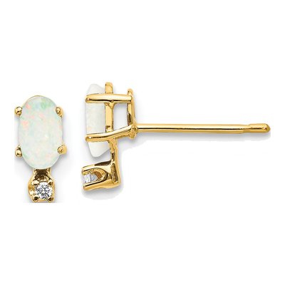 14K Yellow Gold Oval Opal & Diamond Birthstone Stud Earrings
