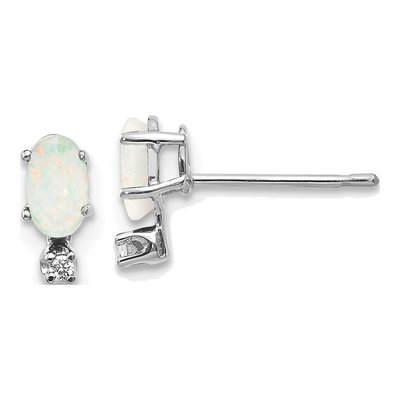 14K White Gold Oval Opal & Diamond October Stud Earrings